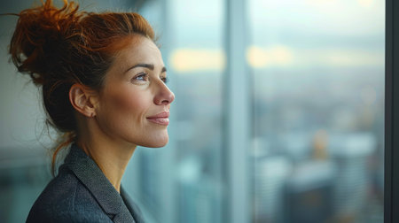 A woman with red hair looks thoughtfully out a window at the city.の素材
