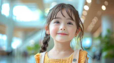 A young girl with long dark hair smiles brightly as she stands in a bustling shopping mall.の素材