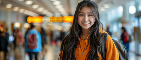 A young woman with long black hair and a bright smile stands in an airport terminal, wearing an orange hoodie.の素材