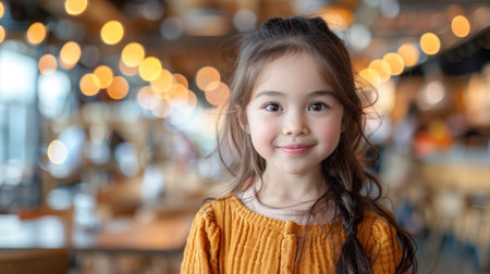 A young girl smiles sweetly at the camera, sitting in a cafe with warm lighting and a cozy atmosphere.の素材