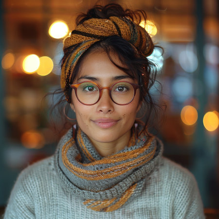 A young woman with a warm smile looks directly at the camera while wearing a knitted scarf and glasses.の素材