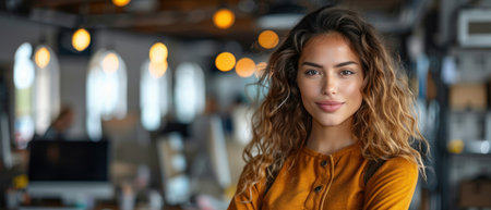 A young woman with curly hair, wearing a yellow shirt, smiles softly as she looks thoughtfully off-camera in a bright, modern office.の素材