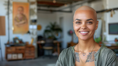 A young woman with a shaved head and tattoos smiles confidently in a modern office setting.の素材