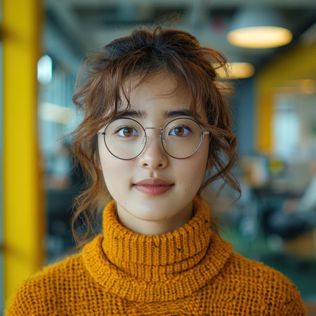 A young woman in an orange sweater and round glasses smiles softly at the camera.の素材
