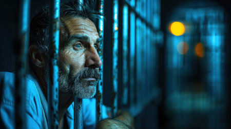 A man gazes out from behind prison bars, his eyes filled with longing and a hint of desperation.の素材