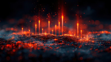 A digital illustration of a fantastical, glowing landscape with red sparks and beams.の素材