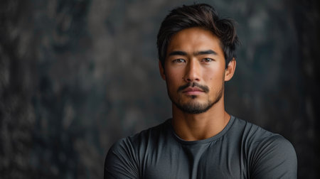 A man with a dark beard and short hair stars intently at the camera in a studio portrait.の素材