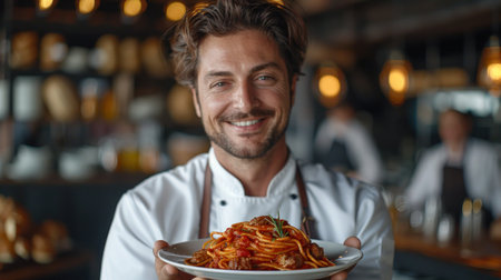A chef proudly presents a plate of spaghetti and meatballs in a restaurant kitchen.の素材