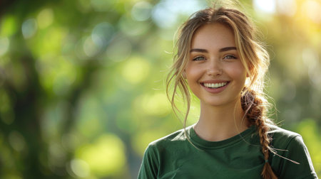 A young woman smiles brightly, bathed in the warm light of a sunny day in a leafy forest.の素材