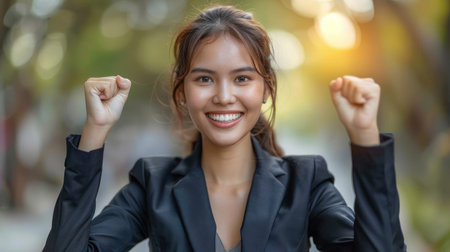 A woman in a black blazer celebrates with a bright smile and raised fists.の素材