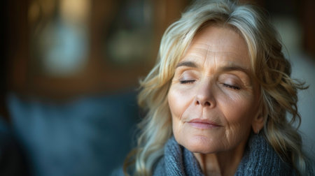 A close-up portrait of an older woman with her eyes closed, appearing peaceful and thoughtful.の素材