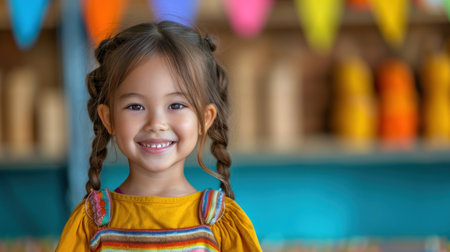 A young girl with braided hair smiles brightly in a classroom decorated with colorful flags.の素材