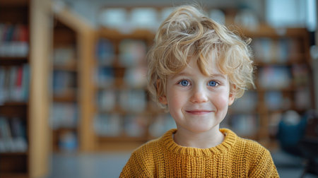 Blonde boy smiles in library, bookshelf behind him.の素材