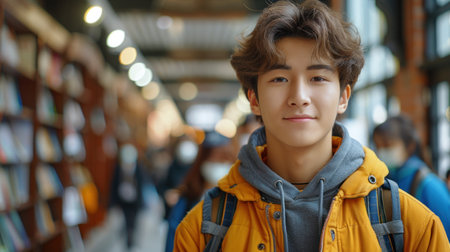 A young man, dressed in a yellow jacket, stands thoughtfully in a bookstore.の素材