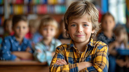 Boy in plaid shirt smiles at camera in classroom.の素材
