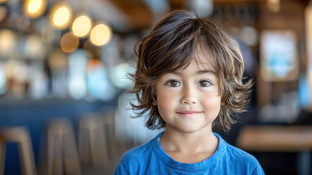 A young boy with long brown hair smiles gently in a cafe setting.の素材