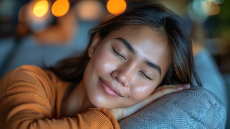 A woman with her eyes closed rests her head on her arm, enjoying a peaceful sleep.の素材