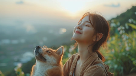 A young woman smiles contentedly as she embraces her dog, both basking in the golden hour light.の素材