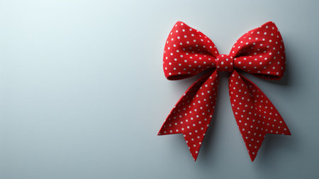 A red polka dot bow sits on a light blue background, ready for a special occasion.の素材