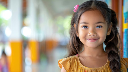 A young girl with long, braided hair smiles brightly while standing in a playground.の素材