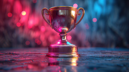 A golden trophy stands alone on a table, reflecting the neon lights of victory.の素材