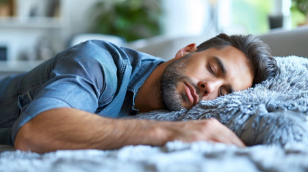 A man rests peacefully in bed, his face relaxed, eyes closed, and a peaceful expression on his face.の素材