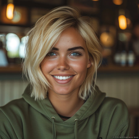 A young woman with blonde hair smiles brightly, wearing a green hoodie in a cafe setting.の素材