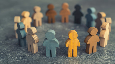 A group of wooden figures stand in a circle on a textured surface.の素材