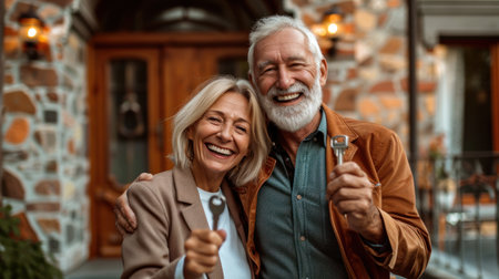 A happy, older couple stands outside their new home, holding keys.の素材