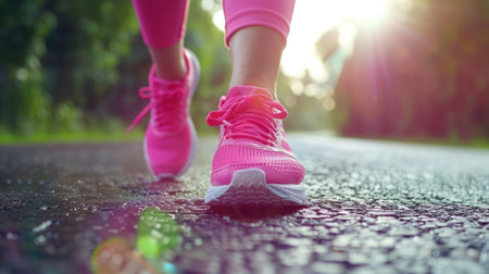 Close-up of a runners pink shoes on a paved path with dappled sunlight.の素材