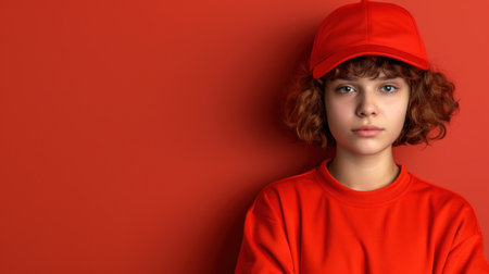 Young woman with red hat and sweatshirt gazes thoughtfully into camera against bright red background.の素材