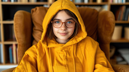 A young girl wearing a yellow hoodie and glasses sits in an armchair in a library.の素材