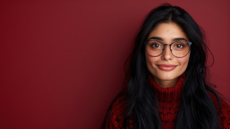 Smiling young woman in glasses and red sweater, with long dark hair, on burgundy background.の素材