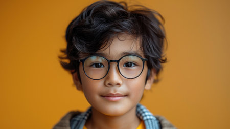 A young boy with dark hair and glasses smiles at the camera.の素材