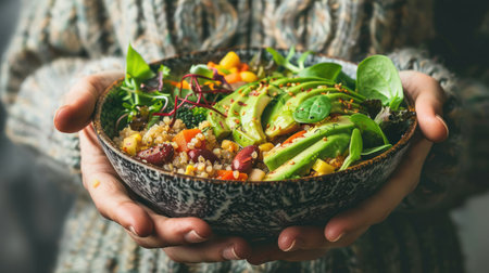 A close-up of a person holding a bowl of quinoa salad with avocado, beans, corn, and fresh greens.の素材