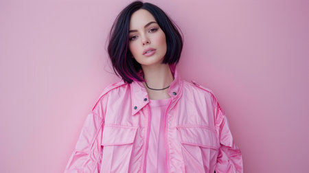 A young woman with dark hair and a pink jacket stands against a pale pink background.の素材