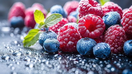 Close-up of plump, juicy raspberries and blueberries, glistening with condensation on a dark surface.の素材