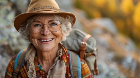 A smiling woman in a hat and glasses enjoys an autumn hike.の素材