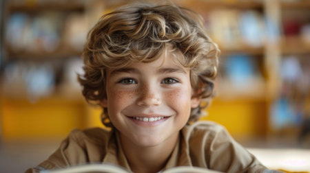A young boy smiles brightly while reading a book in a library, surrounded by bookshelves.の素材