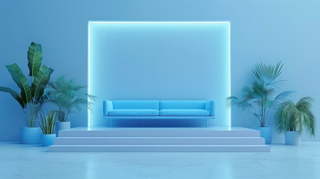 A minimalist room with a blue couch in front of a neon-lit wall and green plants.の素材