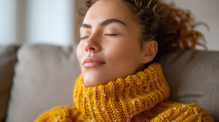 A woman in a cozy yellow sweater sits on a couch and takes a moment to relax.の素材