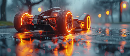 A futuristic race car with glowing wheels sits on a wet street during a rainy evening.の素材
