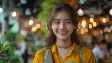 A young woman smiles brightly while standing in a cafe with string lights.の素材