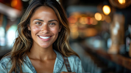 A woman with long brown hair smiles brightly at the camera in a casual setting.の素材