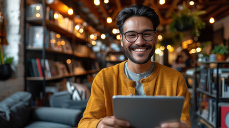 A young man in a cafe smiles while using a tablet.の素材