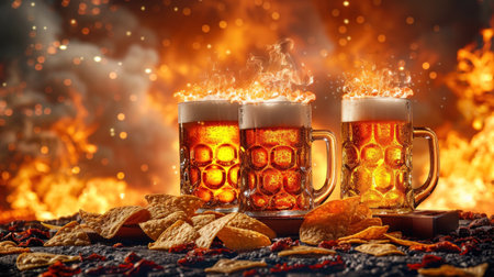 Three beer mugs with a fiery backdrop, surrounded by tortilla chips.の素材