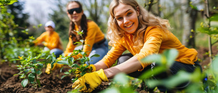 A woman smiles while planting saplings with a group of volunteers in a sunny park.の素材