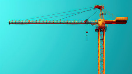 A lone construction crane reaches towards a clear, teal sky.の素材