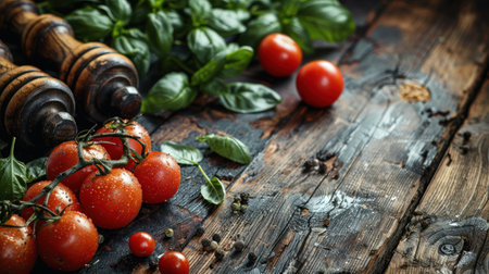 Fresh tomatoes, basil, and salt and pepper shakers on a rustic wooden table.の素材