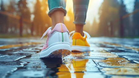 A close-up shot of a pair of colorful sneakers walking on a wet cobblestone path.の素材